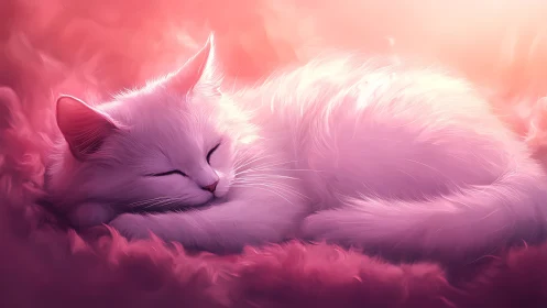 Peaceful Dream: A Fluffy Cat Nestled in Soft Pink Clouds