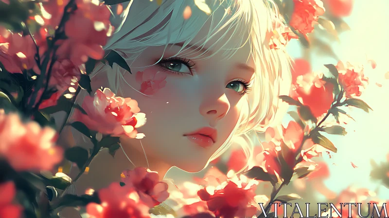 Girl with short white hair framed by pink flowering branches