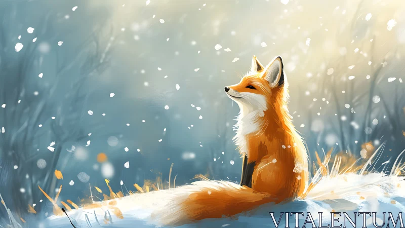 Winter-dreaming fox drifts in quiet snowfall and golden hush.