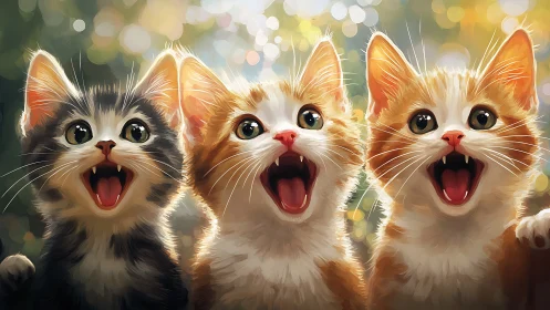 Three Delighted Kittens Roar With Unbridled Joy And Surprise