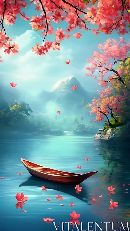 Rowboat floats on turquoise lake under pink blossom trees