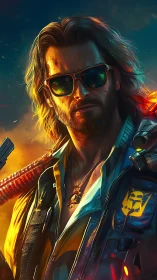 Cyberpunk portrait of armed street mercenary in neon sunset lighting.