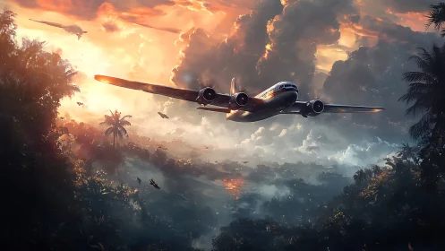 Vintage airliner cuts through stormlit jungle skies at dusk
