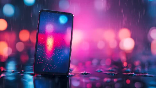 Neon rain-soaked smartphone in cyberpunk reflective tableau.