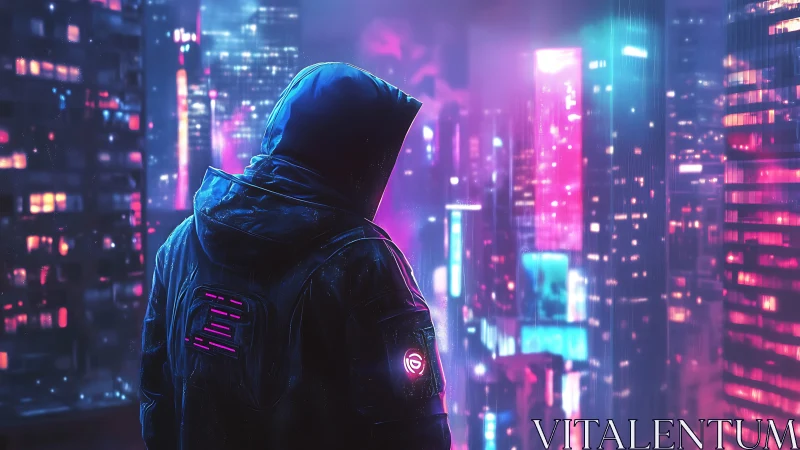 Hooded figure observes neon cityscape under diffuse rain