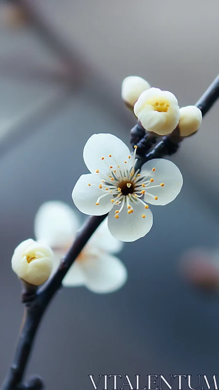 White plum blossom macro on soft muted background.