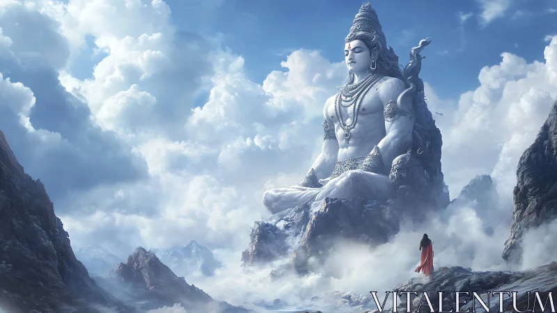 Majestic mountain deity watches over a pilgrim in wonder