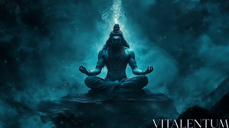 Mystic yogi in cosmic meditation amid teal nebulae.