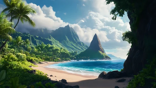 Tropical Coastline with Volcanic Peak and Dense Vegetation.