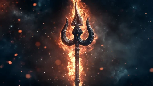 Burning trident stands upright amid swirling sparks and smoke