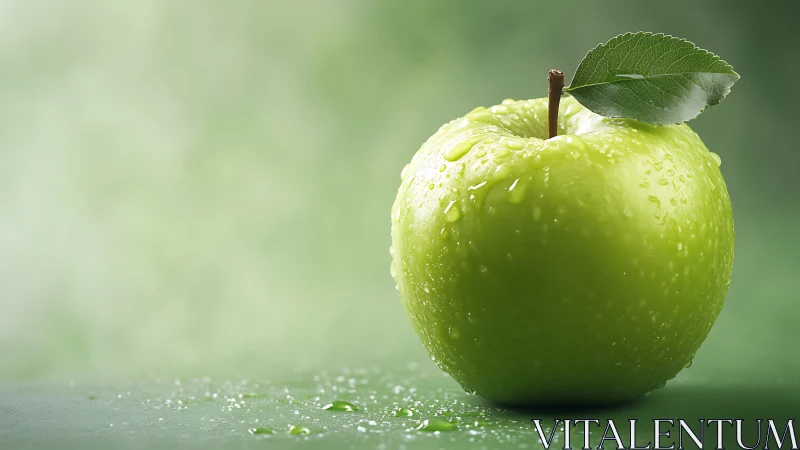 Fresh green apple with water droplets on soft green background.