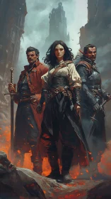 Three battle-scarred adventurers confront ruins in flame