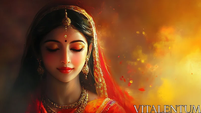 Woman in traditional attire stands with closed eyes in light