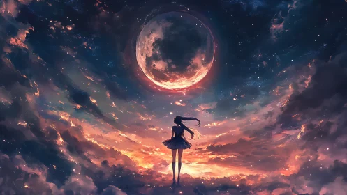 Silhouetted anime girl studies luminous moon over chromatic sky