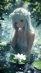 Water nymph girl amid glowing lilies in moonlit pond.