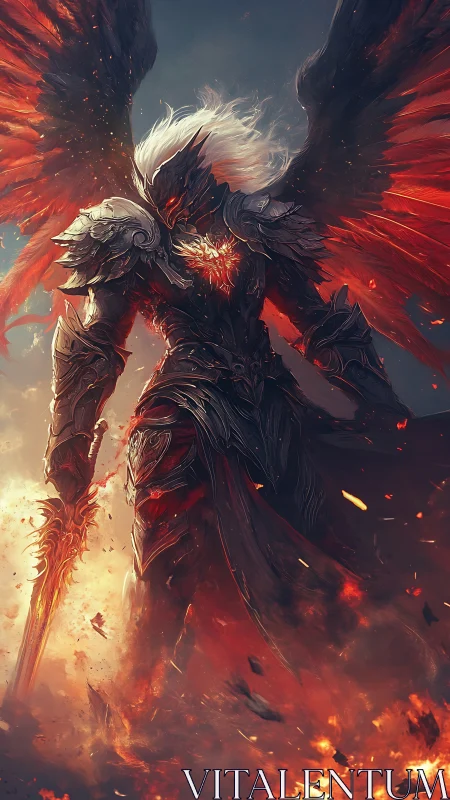 Digital painting of infernal winged knight in molten armor.