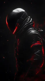 Midnight sentinel in neon-red armor stalks the void’s edge.