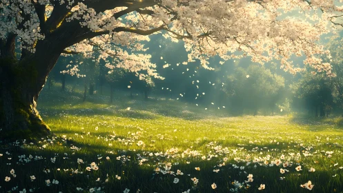 Whispering blossom giant shading a sunlit meadow spell.