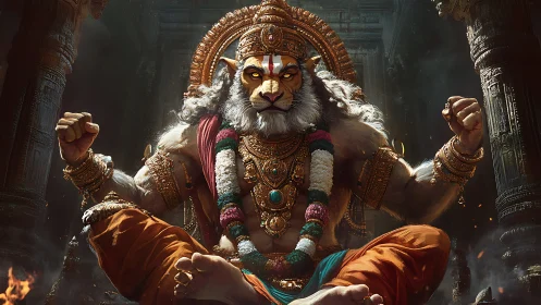 Lion-headed deity figure seated in ornate stone temple.