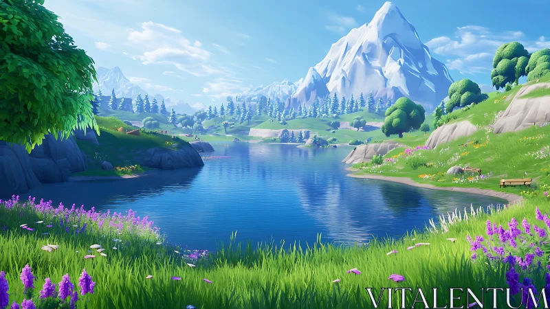 Sunlit alpine lake reflects snowy peaks in vivid spring bloom