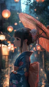 Profile view shows woman in kimono holding umbrella in rain