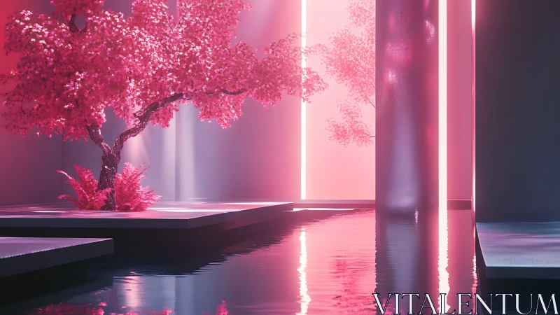Dreamy neon cherry tree over tranquil reflective water.