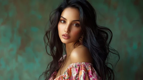 Soft gaze and flowing hair in a painterly portrait glow.