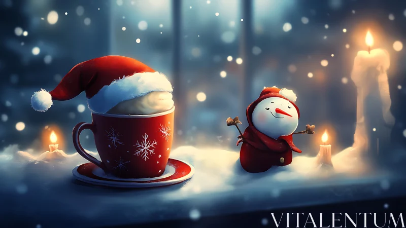 Festive red mug and snowman figurine amid soft-focus candlelit snow