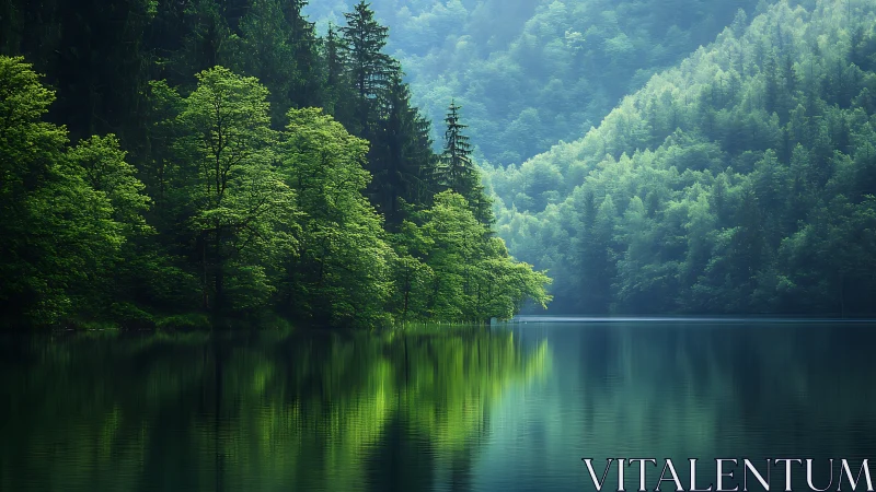 Forest Lake Reflection. Mirror-still waters embrace verdant woodland.