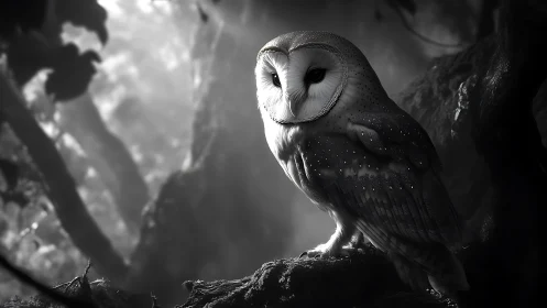 Moonlit barn owl rests calmly in a softly glowing forest
