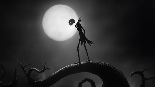 Monochrome gothic silhouette on twisted moonlit branch.