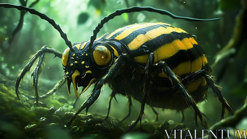 Striped forest beetle rendered in detailed 3D realism.