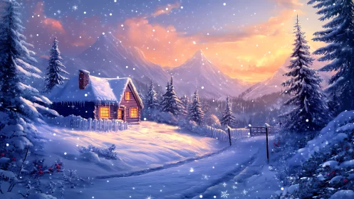Snow-draped cabin glow beneath peach winter mountainscape.