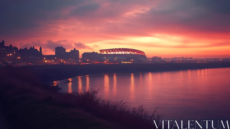 Stadium skyline over river under vivid sunset glow.