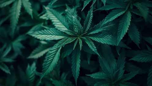 Cannabis leaf macro study with cool teal botanical lighting.