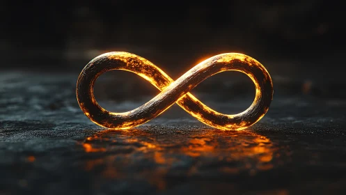 Luminous molten infinity symbol rendered on a wet dark surface