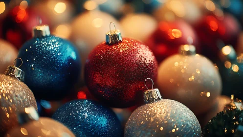 Glittering red, blue and white Christmas baubles close-up.