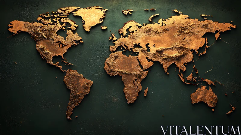 Textured copper world map on deep green backdrop.