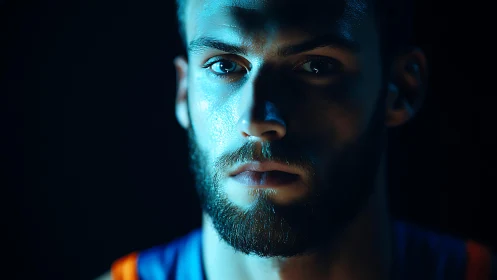 Moody bearded portrait glows under dramatic blue studio light.