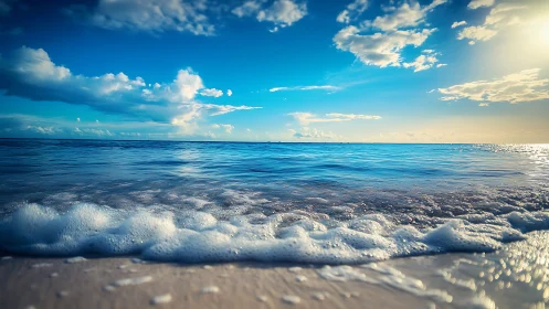 Foaming shore waves under vibrant blue coastal sky.