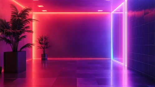 Neon corridor glows with saturated pink and blue light.