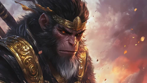 Mythic monkey warrior watching stormlit skies in silence.