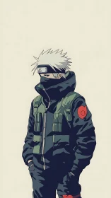 Masked anime ninja stands alone in calm minimalist space