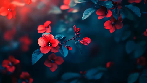 Red Flowers Against Deep Teal Background with Selective Focus Depth.
