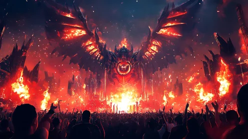 Demonic fire entity towers above roaring festival crowd.
