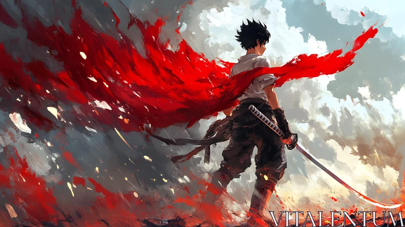 Solitary swordsman with red cloak in abstract sky field.