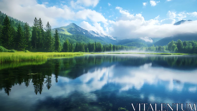 Mountain lake mirrors pine forest under calm summer skies