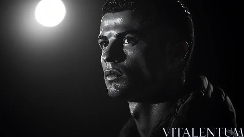 Moody black and white close-up of focused male athlete.