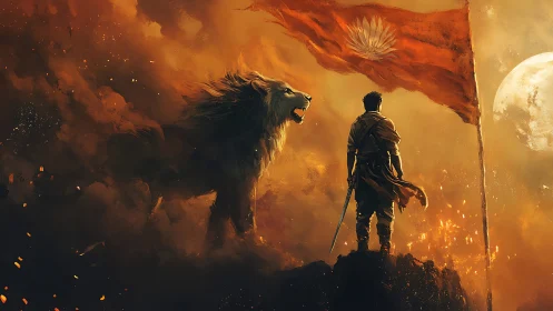Warrior and lion stand beneath flag against lunar backdrop