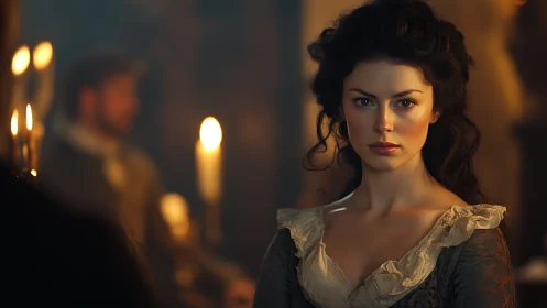 Candlelit portrait of woman in historical style interior.
